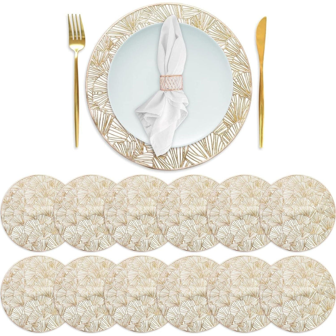 DEAYOU Set of 12 Round Pressed Vinyl Placemats, Gold Wedding Accent Centerpiece Placemat, Non - Slip Placemats for Dining Table, Kitchen, Decor, 15", Washable, Wipeable, Hollow Ginkgo Biloba Design - Just Closeouts Canada Inc.