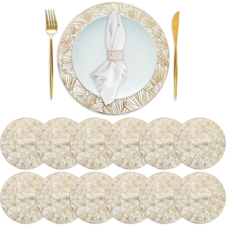 DEAYOU Set of 12 Round Pressed Vinyl Placemats, Gold Wedding Accent Centerpiece Placemat, Non - Slip Placemats for Dining Table, Kitchen, Decor, 15", Washable, Wipeable, Hollow Ginkgo Biloba Design - Just Closeouts Canada Inc.