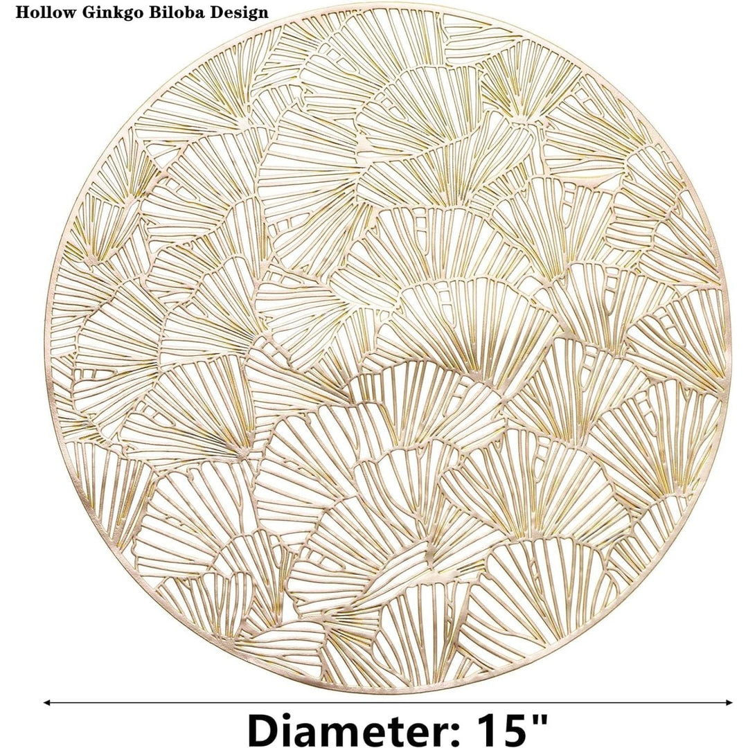 DEAYOU Set of 12 Round Pressed Vinyl Placemats, Gold Wedding Accent Centerpiece Placemat, Non - Slip Placemats for Dining Table, Kitchen, Decor, 15", Washable, Wipeable, Hollow Ginkgo Biloba Design - Just Closeouts Canada Inc.