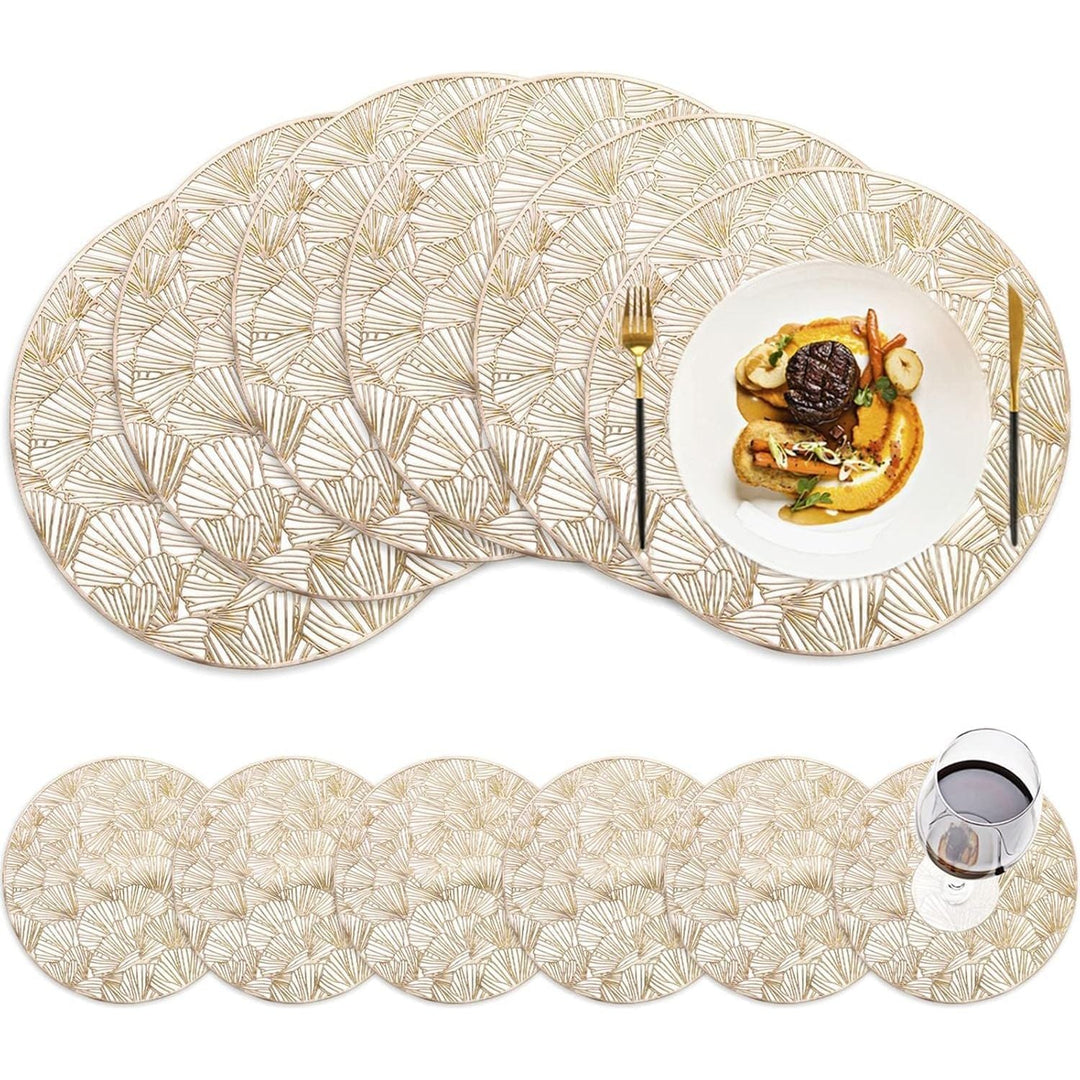 DEAYOU Set of 12 Round Pressed Vinyl Placemats, Gold Wedding Accent Centerpiece Placemat, Non - Slip Placemats for Dining Table, Kitchen, Decor, 15", Washable, Wipeable, Hollow Ginkgo Biloba Design - Just Closeouts Canada Inc.