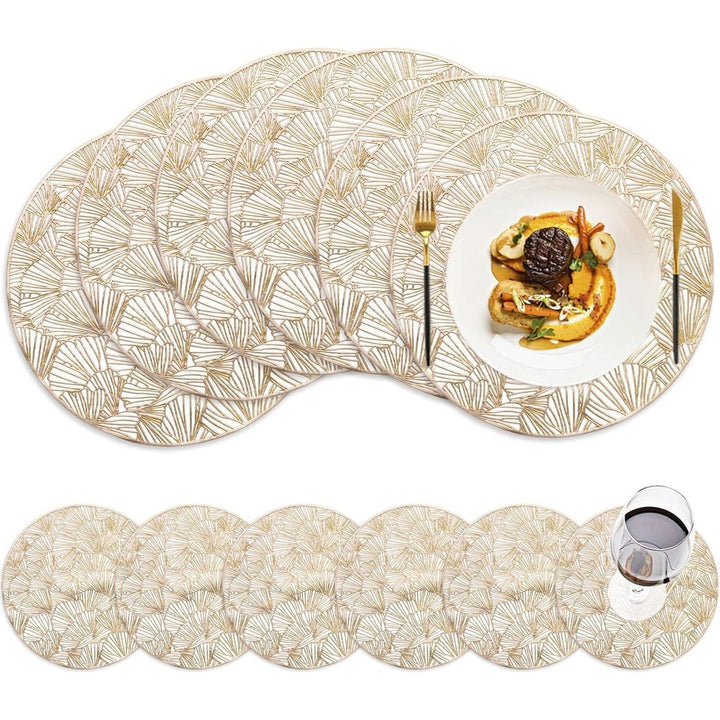 DEAYOU Set of 12 Round Pressed Vinyl Placemats, Gold Wedding Accent Centerpiece Placemat, Non - Slip Placemats for Dining Table, Kitchen, Decor, 15", Washable, Wipeable, Hollow Ginkgo Biloba Design - Just Closeouts Canada Inc.