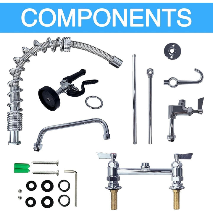 Deck Mount Commercial Faucet with Pre - Rinse Sprayer, 25" Height, 8" Center, 10" Swing Spout, Deck Mount Kitchen Sink Faucet, Brass Constructed Device with Pull Down Spray, for 1/2/4 Compartment Sink - Just Closeouts Canada Inc.X0037ZBI07