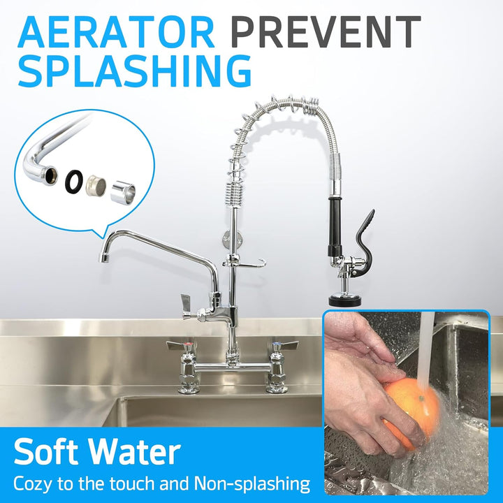 Deck Mount Commercial Faucet with Pre - Rinse Sprayer, 25" Height, 8" Center, 10" Swing Spout, Deck Mount Kitchen Sink Faucet, Brass Constructed Device with Pull Down Spray, for 1/2/4 Compartment Sink - Just Closeouts Canada Inc.X0037ZBI07