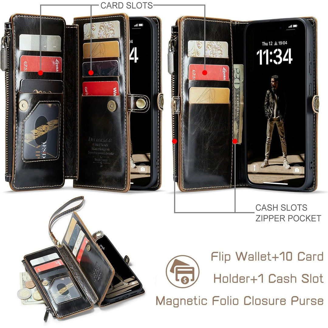 Defencase Wallet Case Compatible with iPhone 14 with RFID Blocking Card Holder for Women and Men, PU Leather Magnetic Snap Flip Zipper Phone Case Suitable for iPhone 14 6.1", Coffee - Just Closeouts Canada Inc.