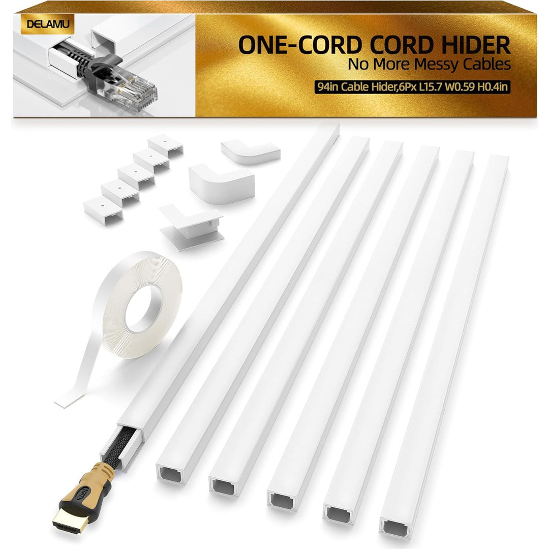 Delamu Cable Management Concealer, 94in Cord Cable Organizer, One - Cord Cord Covers for Wall, Paintable Cord Cable Hider, Cable Cover Raceway, Wire Hider Covers for Wall, 6xL15.7 W0.59 H0.4in, White - Just Closeouts Canada Inc.