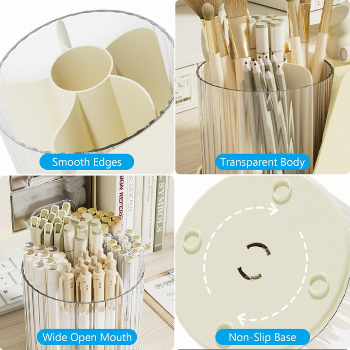 Desk Pencil Pen Holder, 6 Slots Rotating Desk Organizer Makeup Brush Holder Pencil Cup Pot, Desktop Stationery Supplies Organizer Storage Box Caddy for Office School Home Art Supply (Beige) - Just Closeouts Canada Inc.