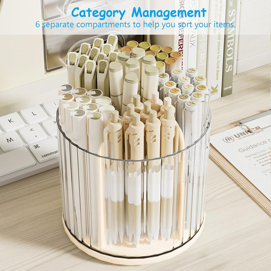 Desk Pencil Pen Holder, 6 Slots Rotating Desk Organizer Makeup Brush Holder Pencil Cup Pot, Desktop Stationery Supplies Organizer Storage Box Caddy for Office School Home Art Supply (Beige) - Just Closeouts Canada Inc.
