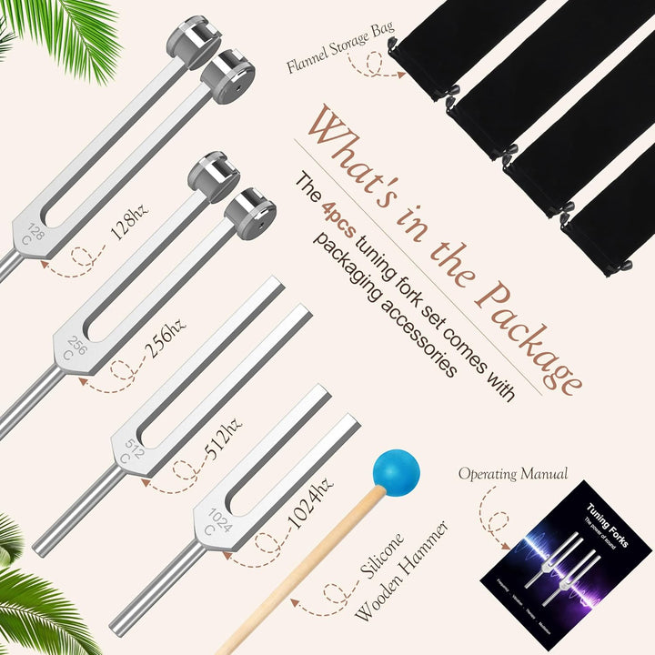 DiDiBirDi Tuning Fork Set 4pcs 128Hz, 256Hz, 512Hz, 1024Hz with Accessories for Yoga and Meditation,Relaxing Experience Brought by Sound Vibration - Just Closeouts Canada Inc.