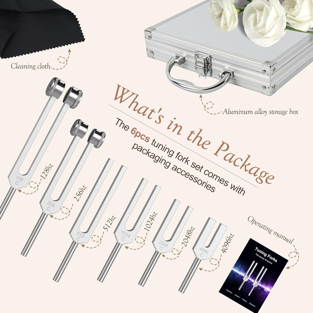 DiDiBirDi Tuning Fork Set,6 pcs (128Hz, 256Hz, 512Hz, 1024Hz, 2048Hz, 4096Hz) with Exquisite Aluminum Storage Case for Meditation, Yoga and relaxation exercises - Just Closeouts Canada Inc.