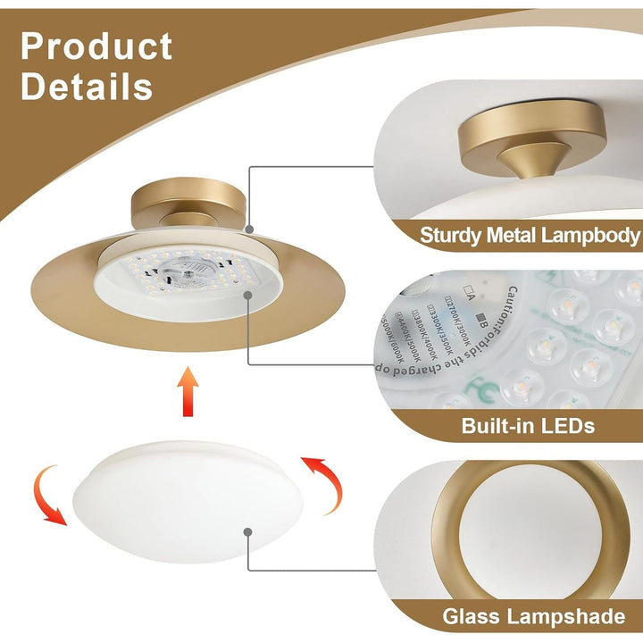 Dimmable White and Gold Ceiling Light, Mid - Century Semi Flush Mount Ceiling Light, Modern LED Lighting Fixture, 5CCT 2700K - 6000K Ceiling Lamp with Acrylic Shade for Bedroom Hallway Kitchen, 11.8in - Just Closeouts Canada Inc.X004CR9SNN
