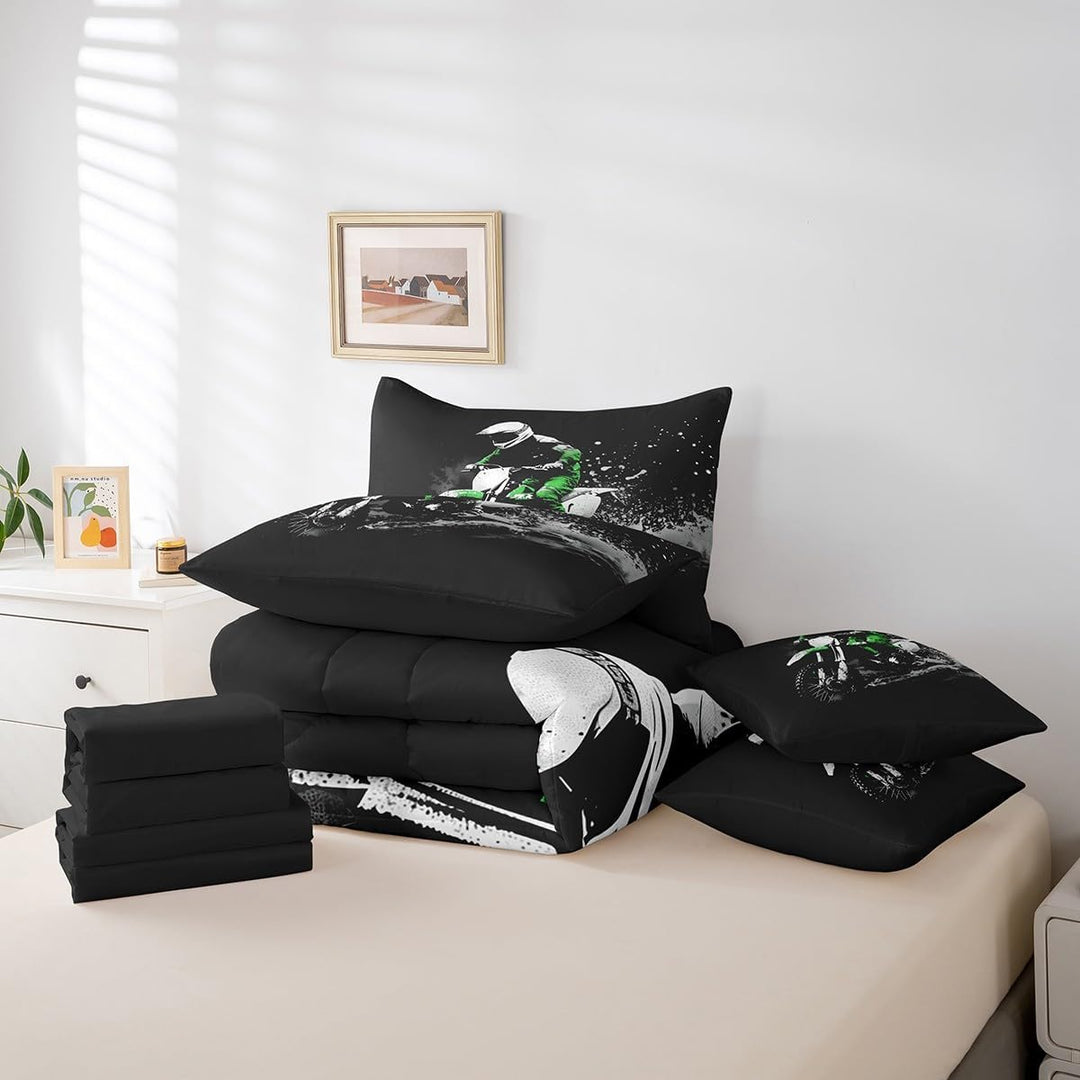Dirt Bike 7 Pieces Beeding Set Full Size Racing Themed Bed Set Ultra Soft Racing Motocross Rider Bed in a Bag with Comforter, Sheets, Pillowcases for Kids Boys Girls Room Decor Motorcycle - Just Closeouts Canada Inc.X004XE8I0T