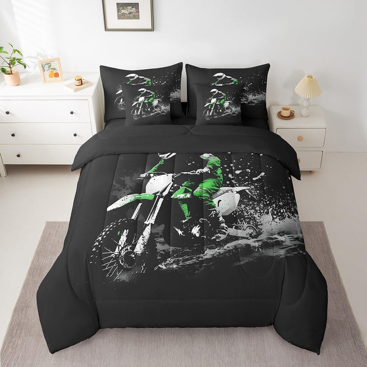 Dirt Bike 7 Pieces Beeding Set Full Size Racing Themed Bed Set Ultra Soft Racing Motocross Rider Bed in a Bag with Comforter, Sheets, Pillowcases for Kids Boys Girls Room Decor Motorcycle - Just Closeouts Canada Inc.X004XE8I0T