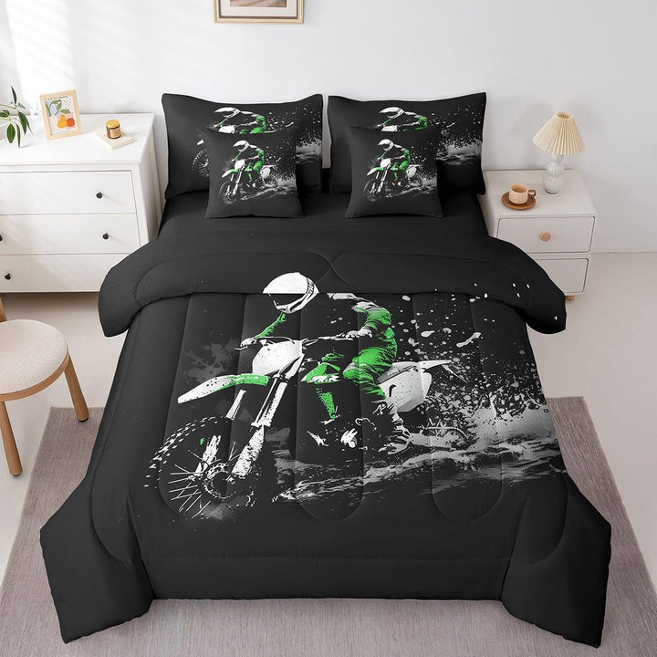 Dirt Bike 7 Pieces Beeding Set Full Size Racing Themed Bed Set Ultra Soft Racing Motocross Rider Bed in a Bag with Comforter, Sheets, Pillowcases for Kids Boys Girls Room Decor Motorcycle - Just Closeouts Canada Inc.X004XE8I0T