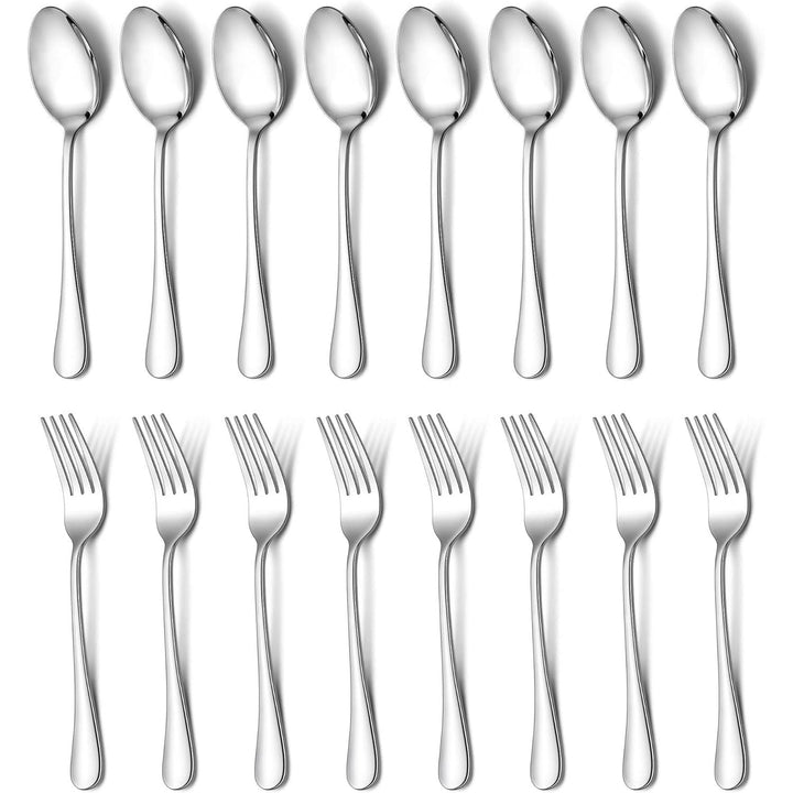 E - far 16 - Piece Dinner Forks and Spoons, Stainless Steel Silverware Flatware Eating Utensils Set for Home Kitchen Restaurant, Food Grade Metal & Simple Design, Mirror Finish & Dishwasher Safe, 8 Inch - Just Closeouts Canada Inc.