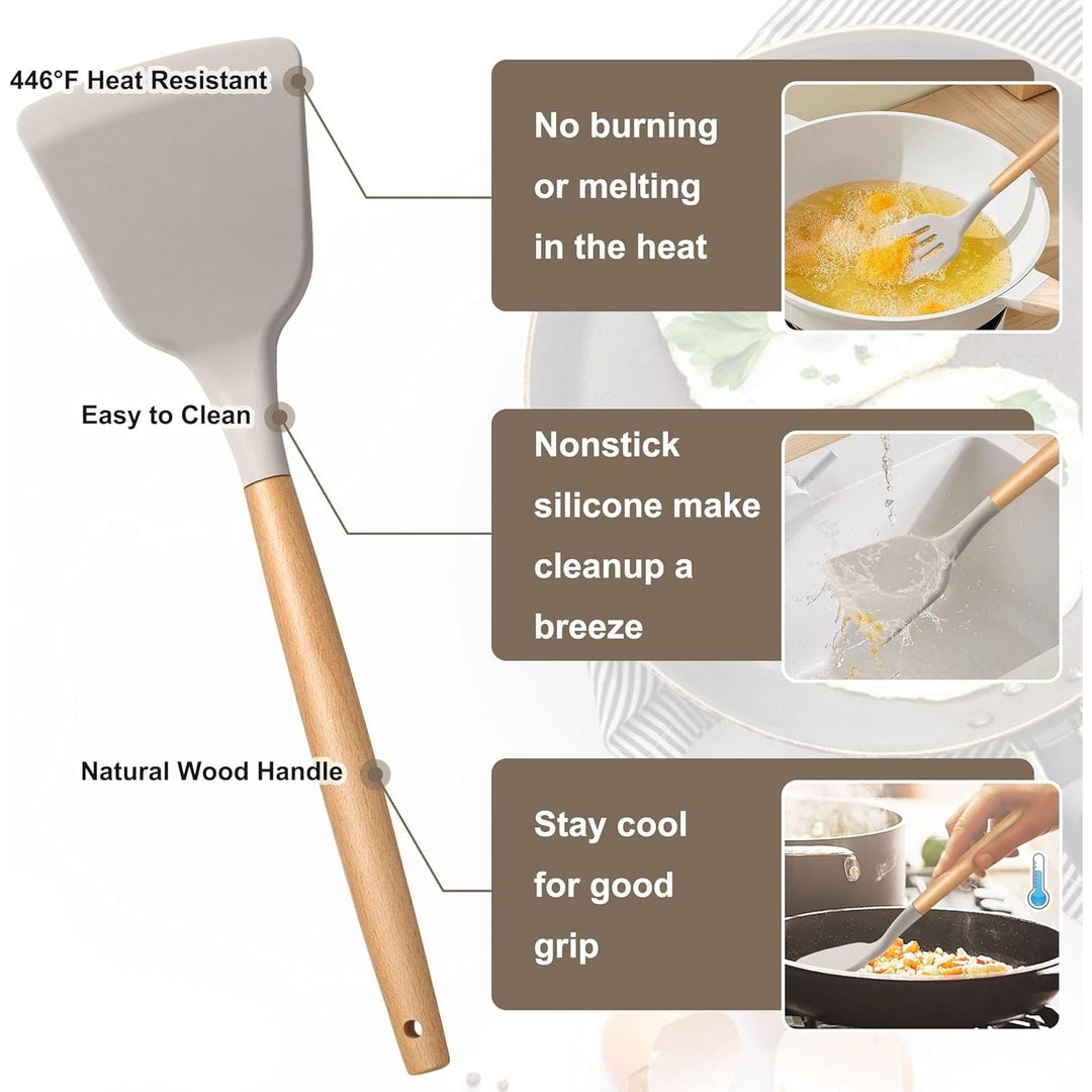 E - far Silicone Cooking Utensils Set, 10 - Piece Heat Resistant Kitchen Utensils Set with Wooden Handle for Nonstick Cookware, Kitchen Nonstick Tools Spatula Whisk Tongs Ladle, Non - toxic & Healthy(Khaki) - Just Closeouts Canada Inc.