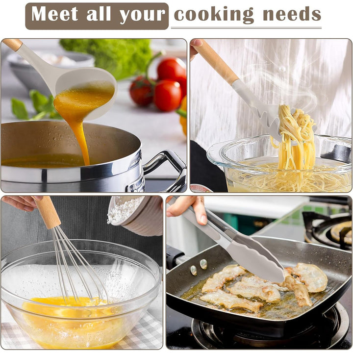 E - far Silicone Cooking Utensils Set, 10 - Piece Heat Resistant Kitchen Utensils Set with Wooden Handle for Nonstick Cookware, Kitchen Nonstick Tools Spatula Whisk Tongs Ladle, Non - toxic & Healthy(Khaki) - Just Closeouts Canada Inc.