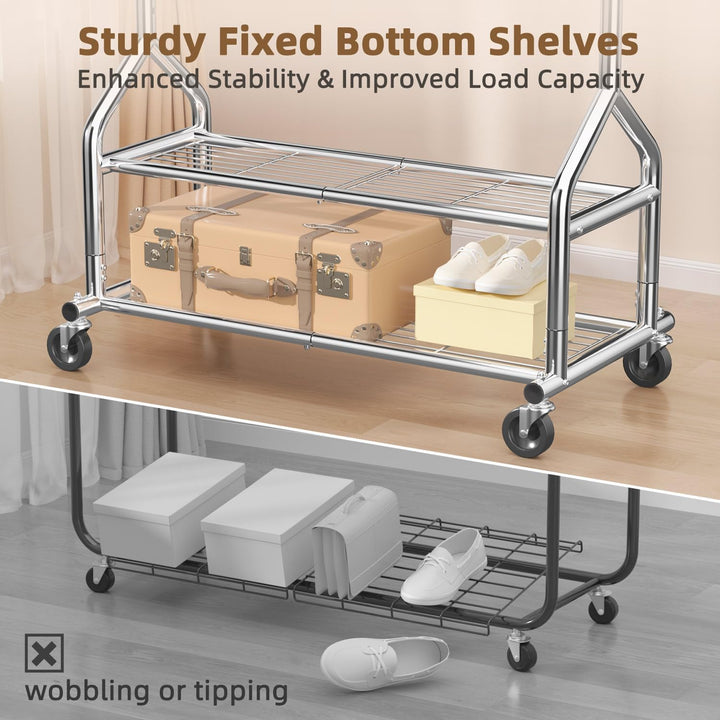 EAGMAK Heavy Duty Clothes Rack Load 556 LBS, Rolling Clothing Rack With Shelves, Height Adjustable Metal Clothes Hanger with Wheels Portable Wardrobe Organizer Garment Rod for Hanging Clothes (Silver) - Just Closeouts Canada Inc.