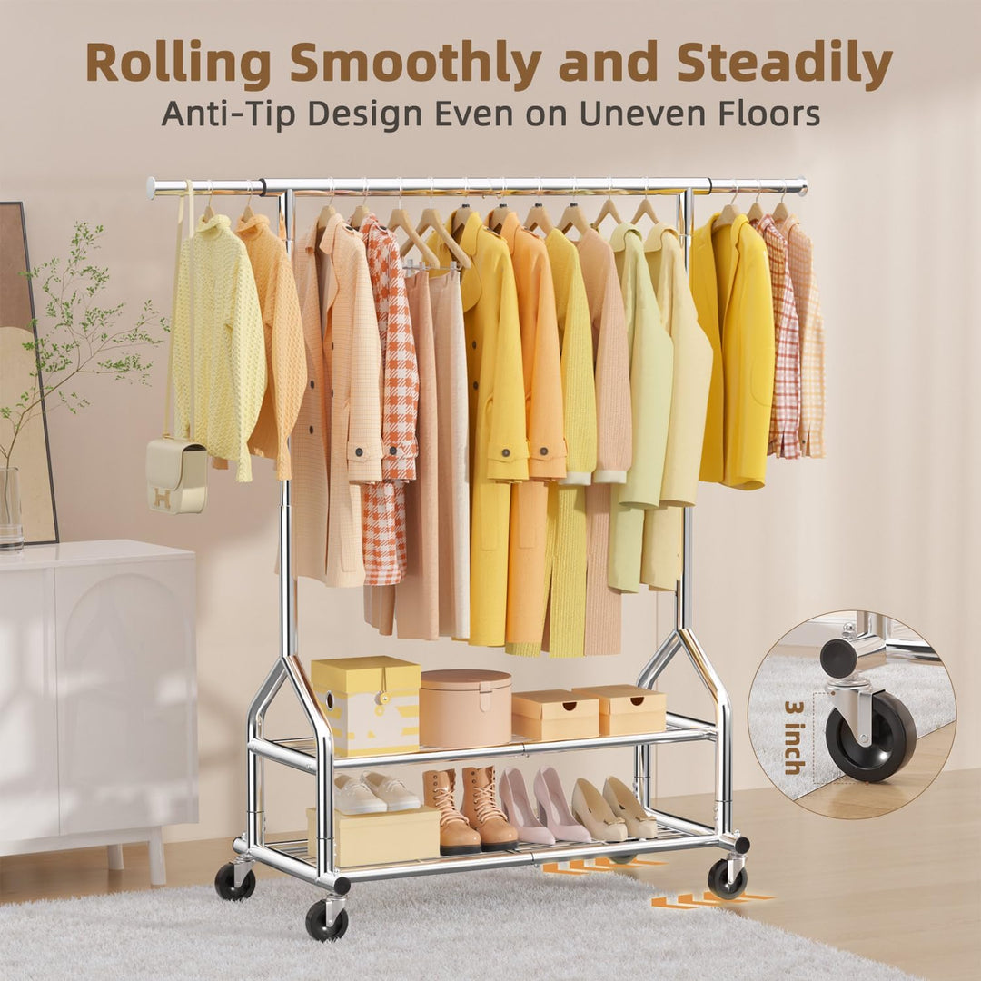 EAGMAK Heavy Duty Clothes Rack Load 556 LBS, Rolling Clothing Rack With Shelves, Height Adjustable Metal Clothes Hanger with Wheels Portable Wardrobe Organizer Garment Rod for Hanging Clothes (Silver) - Just Closeouts Canada Inc.