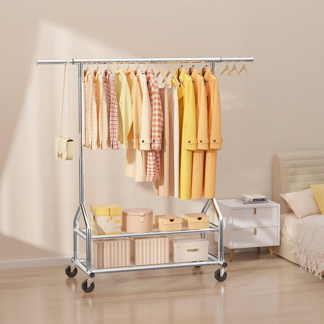 EAGMAK Heavy Duty Clothes Rack Load 556 LBS, Rolling Clothing Rack With Shelves, Height Adjustable Metal Clothes Hanger with Wheels Portable Wardrobe Organizer Garment Rod for Hanging Clothes (Silver) - Just Closeouts Canada Inc.