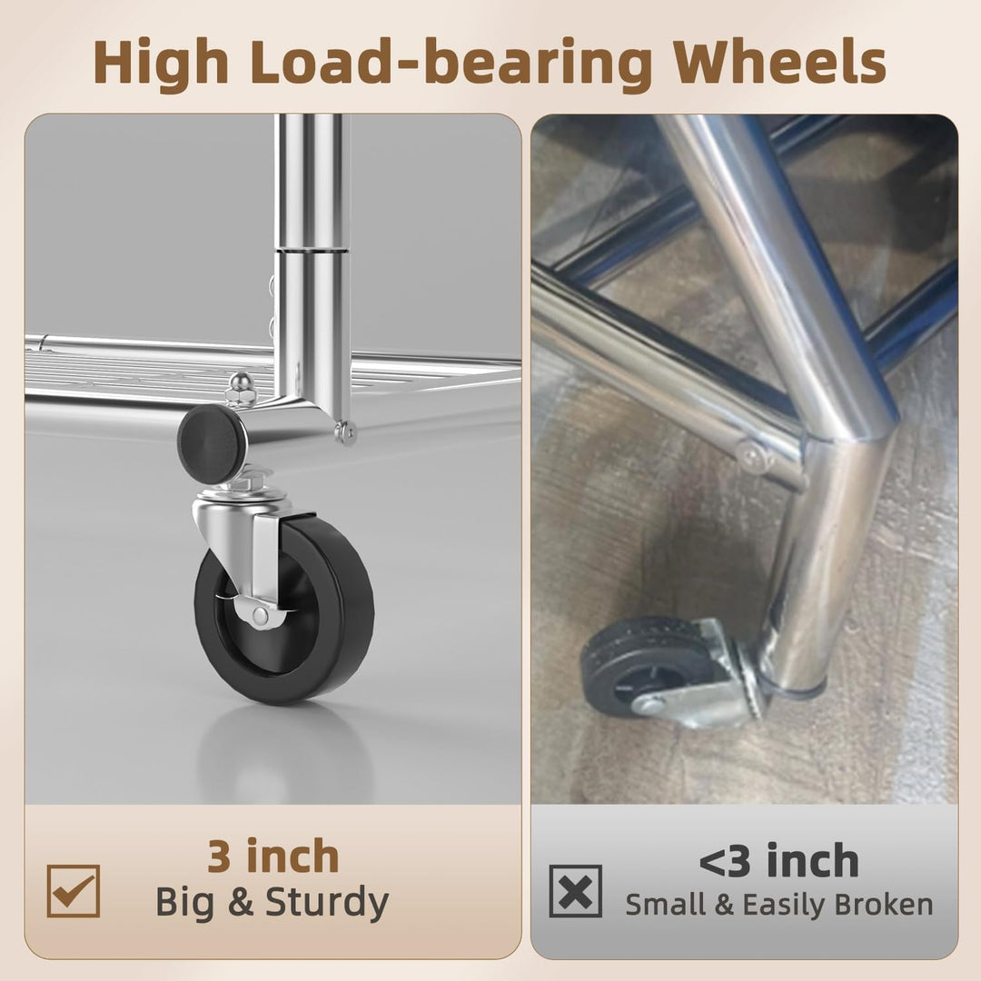 EAGMAK Heavy Duty Clothes Rack Load 556 LBS, Rolling Clothing Rack With Shelves, Height Adjustable Metal Clothes Hanger with Wheels Portable Wardrobe Organizer Garment Rod for Hanging Clothes (Silver) - Just Closeouts Canada Inc.