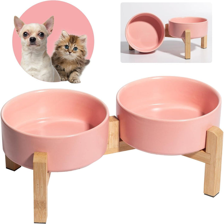 Elevated Ceramic Dog Bowl Set - Raised Feeding Bowls with Non - Slip Bamboo Stand - Small Pet Dishes for Food and Water - Ideal for Cats and Puppies, Pink 480 ML - Just Closeouts Canada Inc.