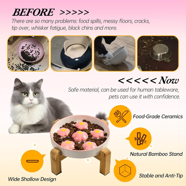Elevated Slow Feeder Cat Bowl - Raised Cat Food Bowl with Anti - Slip Bamboo Stand - Slow Feeding Cat Plate - Colorful Maze Cat Dish Healthy Eating - Fun Cat Puzzle Feeder - 6 OZ - Blush Pink Flower - Just Closeouts Canada Inc.