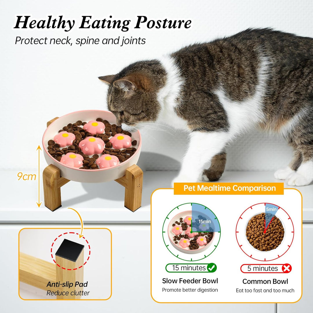 Elevated Slow Feeder Cat Bowl - Raised Cat Food Bowl with Anti - Slip Bamboo Stand - Slow Feeding Cat Plate - Colorful Maze Cat Dish Healthy Eating - Fun Cat Puzzle Feeder - 6 OZ - Blush Pink Flower - Just Closeouts Canada Inc.