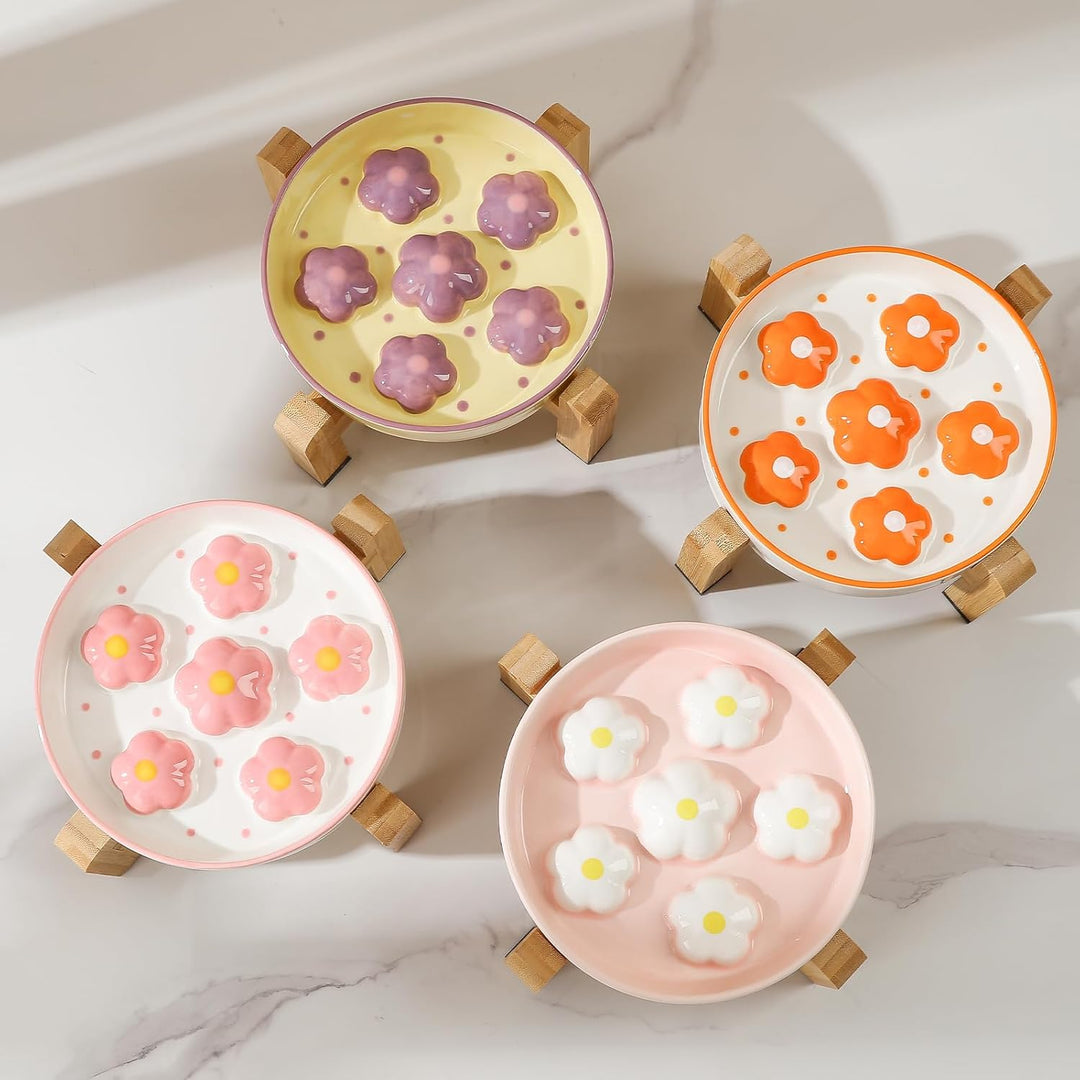 Elevated Slow Feeder Cat Bowl - Raised Cat Food Bowl with Anti - Slip Bamboo Stand - Slow Feeding Cat Plate - Colorful Maze Cat Dish Healthy Eating - Fun Cat Puzzle Feeder - 6 OZ - Blush Pink Flower - Just Closeouts Canada Inc.