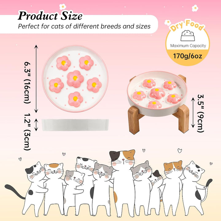 Elevated Slow Feeder Cat Bowl - Raised Cat Food Bowl with Anti - Slip Bamboo Stand - Slow Feeding Cat Plate - Colorful Maze Cat Dish Healthy Eating - Fun Cat Puzzle Feeder - 6 OZ - Blush Pink Flower - Just Closeouts Canada Inc.