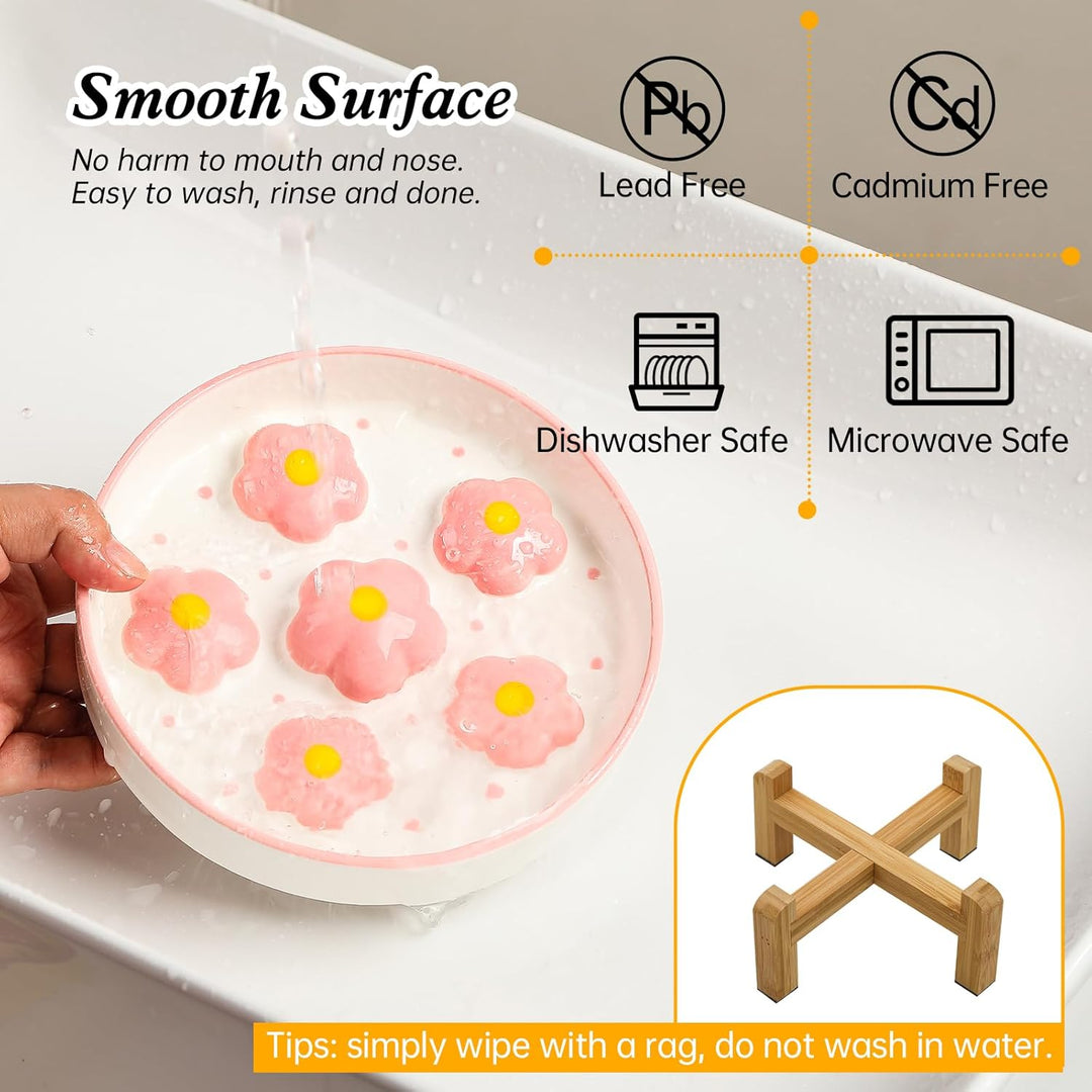 Elevated Slow Feeder Cat Bowl - Raised Cat Food Bowl with Anti - Slip Bamboo Stand - Slow Feeding Cat Plate - Colorful Maze Cat Dish Healthy Eating - Fun Cat Puzzle Feeder - 6 OZ - Blush Pink Flower - Just Closeouts Canada Inc.