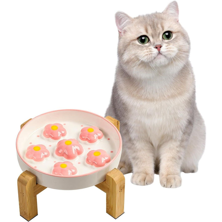 Elevated Slow Feeder Cat Bowl - Raised Cat Food Bowl with Anti - Slip Bamboo Stand - Slow Feeding Cat Plate - Colorful Maze Cat Dish Healthy Eating - Fun Cat Puzzle Feeder - 6 OZ - Blush Pink Flower - Just Closeouts Canada Inc.