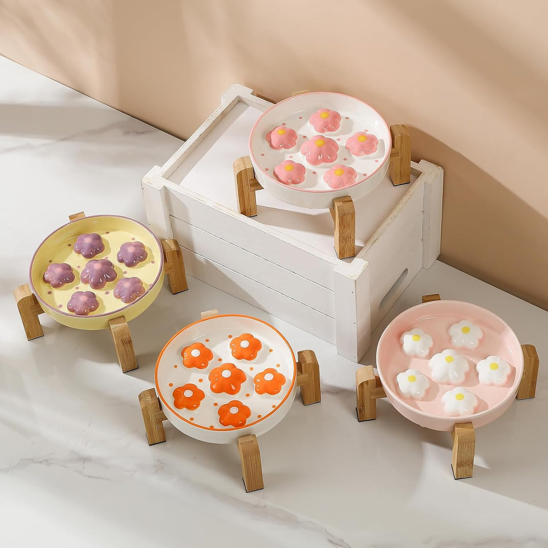 Elevated Slow Feeder Cat Bowl - Raised Food Bowl With Anti - Slip Bamboo Stand - Colorful Maze Dish for Healthy Eating - Fun Puzzle Feeder - 6 OZ - Light Purple Flower - Just Closeouts Canada Inc.X0046UMOMX