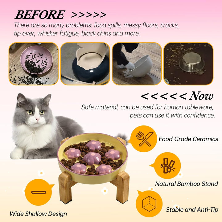 Elevated Slow Feeder Cat Bowl - Raised Food Bowl With Anti - Slip Bamboo Stand - Colorful Maze Dish for Healthy Eating - Fun Puzzle Feeder - 6 OZ - Light Purple Flower - Just Closeouts Canada Inc.X0046UMOMX