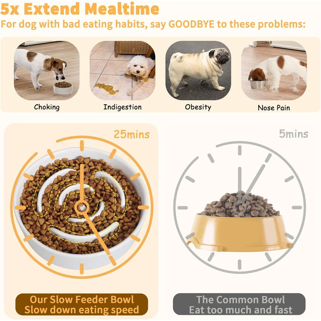 Elevated Slow Feeder Dog Bowl - Raised Ceramic Dog Bowl with Anti - Slip Stand - Fun Maze Dog Feeding Bowl for Fast Eater - Heavy Dog Food Dish - Designed for Small and Medium Dogs - White - 6.7 inch - Just Closeouts Canada Inc.