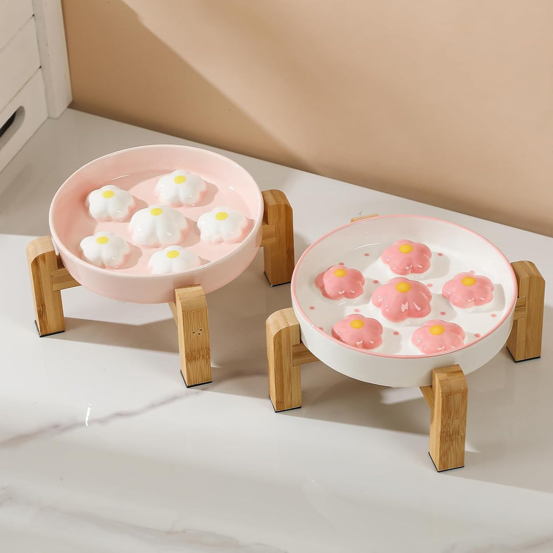 Elevated Slow Feeding Cat Feeder: Raised Cat Feeder with Non - Slip Bamboo Stand: Slow Feeder for Cats, White Flower - Just Closeouts Canada Inc.X0046UC8R9