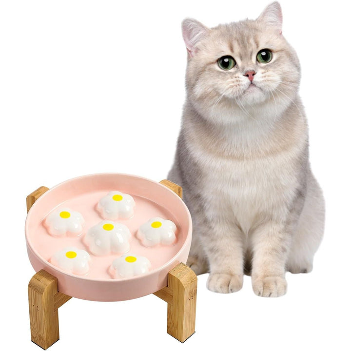 Elevated Slow Feeding Cat Feeder: Raised Cat Feeder with Non - Slip Bamboo Stand: Slow Feeder for Cats, White Flower - Just Closeouts Canada Inc.X0046UC8R9