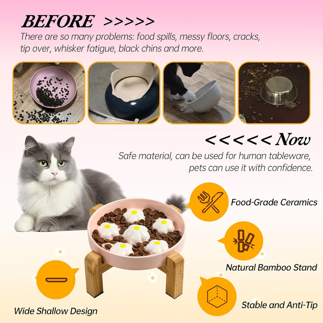 Elevated Slow Feeding Cat Feeder: Raised Cat Feeder with Non - Slip Bamboo Stand: Slow Feeder for Cats, White Flower - Just Closeouts Canada Inc.X0046UC8R9