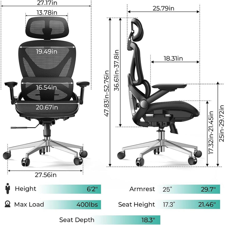 Ergonomic Mesh Office Chair, Adjustable Lumbar High Back Desk Chair 400lbs, 4D Flip - up Arms, 3 - Level Tilt Backrest, 3D Headrest, PU Wheels, Swivel Rolling - Just Closeouts Canada Inc.