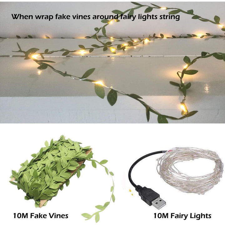 EShing Fairy Lights with Vines, USB Powered 33ft 100LED String Lights with 33ft Artificial Green Leaf Garland for Wall DIY Craft Party Wedding Home Decor (Warm) - Just Closeouts Canada Inc.