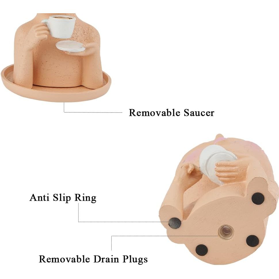 Face Planter Pots, Resin Face Planter for Indoor/Outdoor Plants,Head Planter with Drainage Hole/Removable Saucer,Girl Holding Coffe (Coffee, Skin) - Just Closeouts Canada Inc.