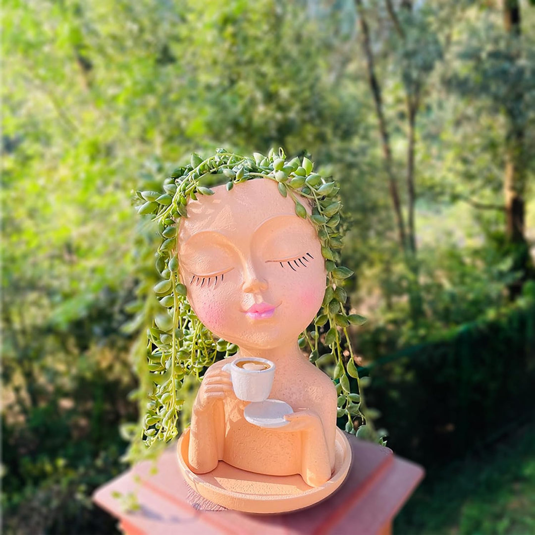 Face Planter Pots, Resin Face Planter for Indoor/Outdoor Plants,Head Planter with Drainage Hole/Removable Saucer,Girl Holding Coffe (Coffee, Skin) - Just Closeouts Canada Inc.