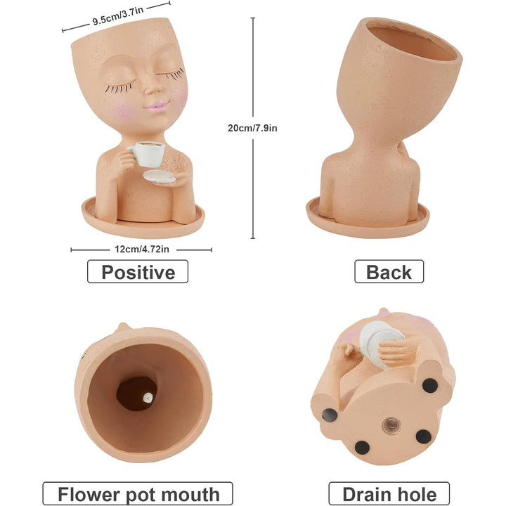 Face Planter Pots, Resin Face Planter for Indoor/Outdoor Plants,Head Planter with Drainage Hole/Removable Saucer,Girl Holding Coffe (Coffee, Skin) - Just Closeouts Canada Inc.