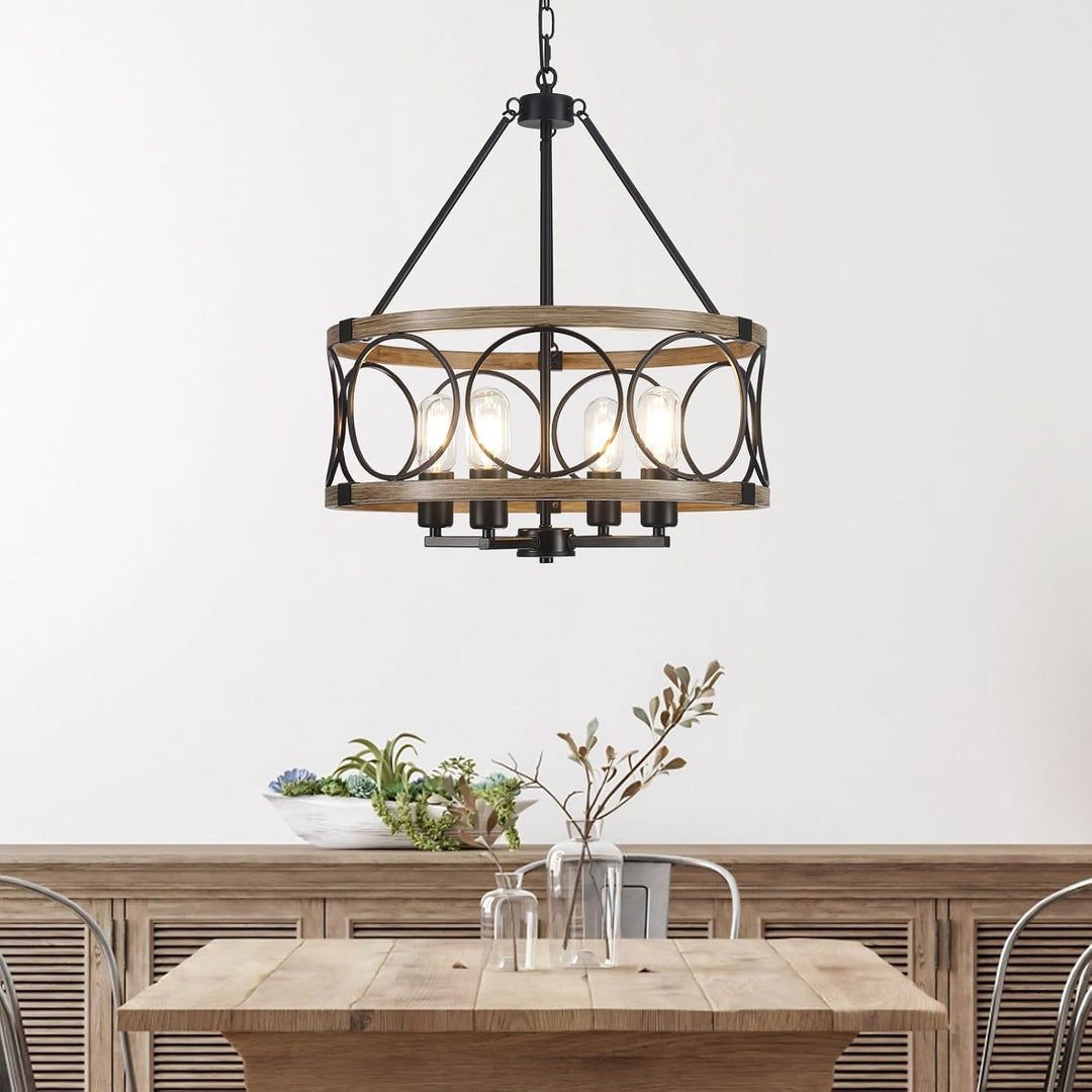 Farmhouse Chandelier for Dining Room 4 - Light Rustic Chandeliers Drum Wood Grain Pendant Light Fixture Modern Industrial Chandelier for Kitchen Island Entryway Foyer Hallway, E26 Metal Wood Grain - Just Closeouts Canada Inc.