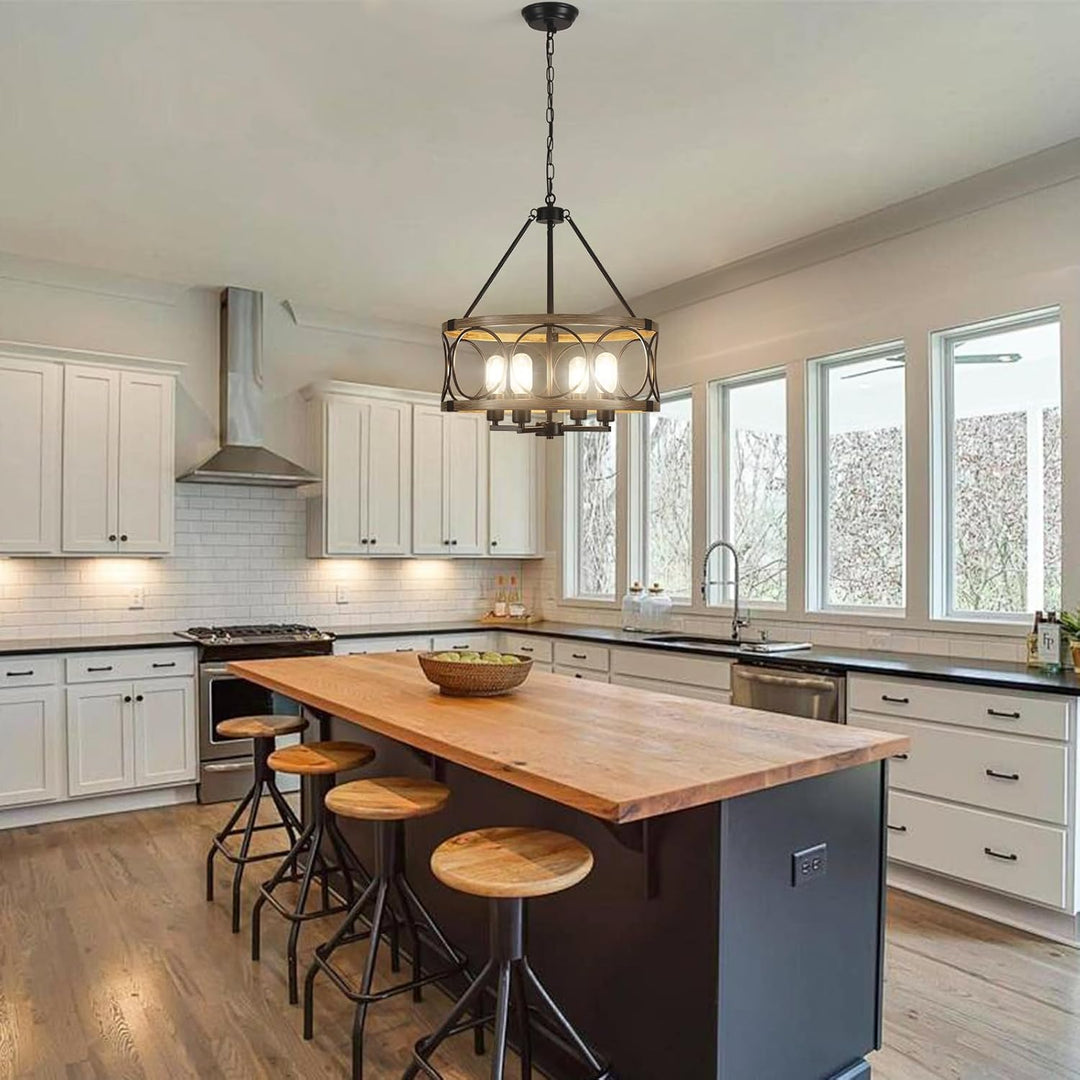 Farmhouse Chandelier for Dining Room 4 - Light Rustic Chandeliers Drum Wood Grain Pendant Light Fixture Modern Industrial Chandelier for Kitchen Island Entryway Foyer Hallway, E26 Metal Wood Grain - Just Closeouts Canada Inc.