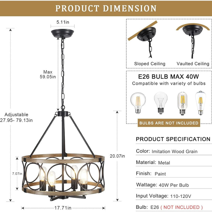 Farmhouse Chandelier for Dining Room 4 - Light Rustic Chandeliers Drum Wood Grain Pendant Light Fixture Modern Industrial Chandelier for Kitchen Island Entryway Foyer Hallway, E26 Metal Wood Grain - Just Closeouts Canada Inc.