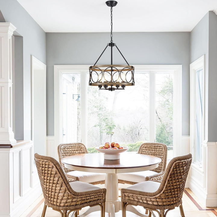 Farmhouse Chandelier for Dining Room 4 - Light Rustic Chandeliers Drum Wood Grain Pendant Light Fixture Modern Industrial Chandelier for Kitchen Island Entryway Foyer Hallway, E26 Metal Wood Grain - Just Closeouts Canada Inc.