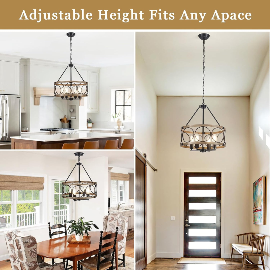 Farmhouse Chandelier for Dining Room 4 - Light Rustic Chandeliers Drum Wood Grain Pendant Light Fixture Modern Industrial Chandelier for Kitchen Island Entryway Foyer Hallway, E26 Metal Wood Grain - Just Closeouts Canada Inc.