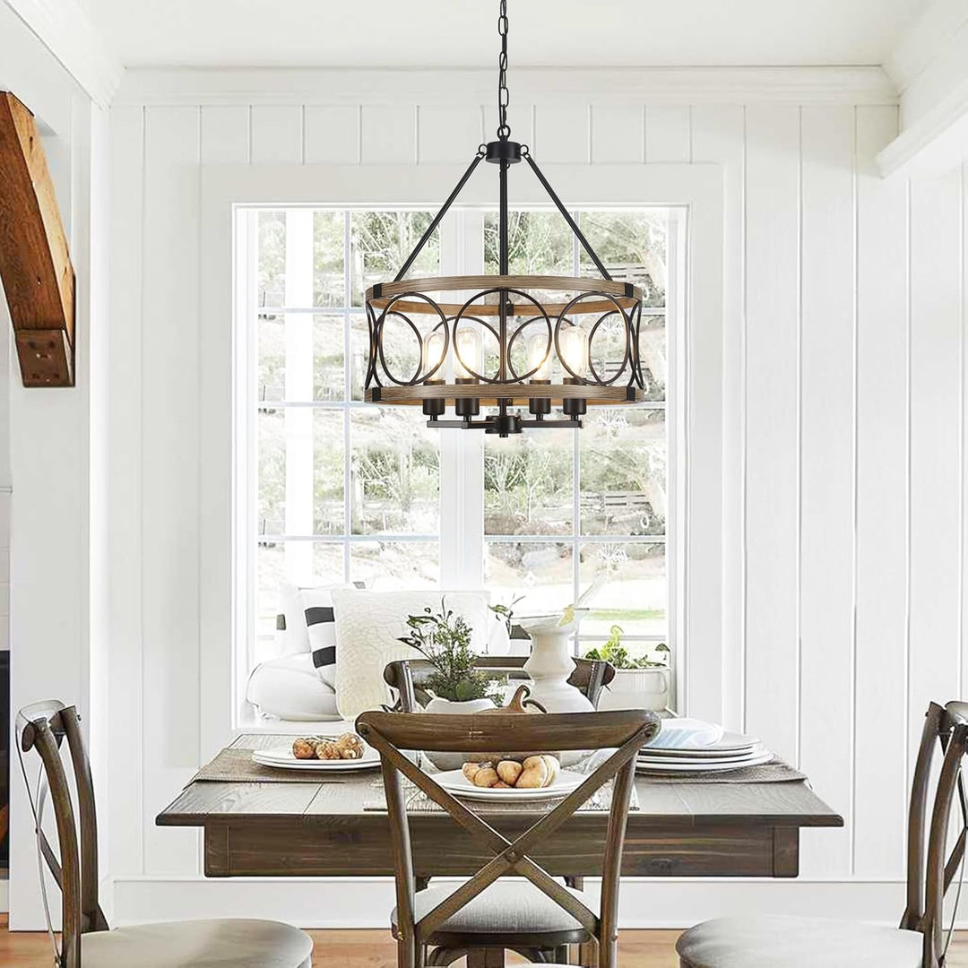 Farmhouse Chandelier for Dining Room 4 - Light Rustic Chandeliers Drum Wood Grain Pendant Light Fixture Modern Industrial Chandelier for Kitchen Island Entryway Foyer Hallway, E26 Metal Wood Grain - Just Closeouts Canada Inc.