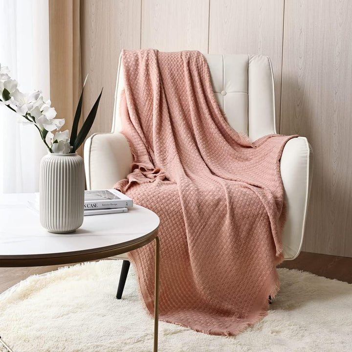 Farmhouse Waffle Knit Throw Blanket for Couch Sofa Chair Bed Home Decoration, Soft Warm Cozy Light Weight for Spring Summer Fall (127cmX152cm Coral Pink) - Just Closeouts Canada Inc.