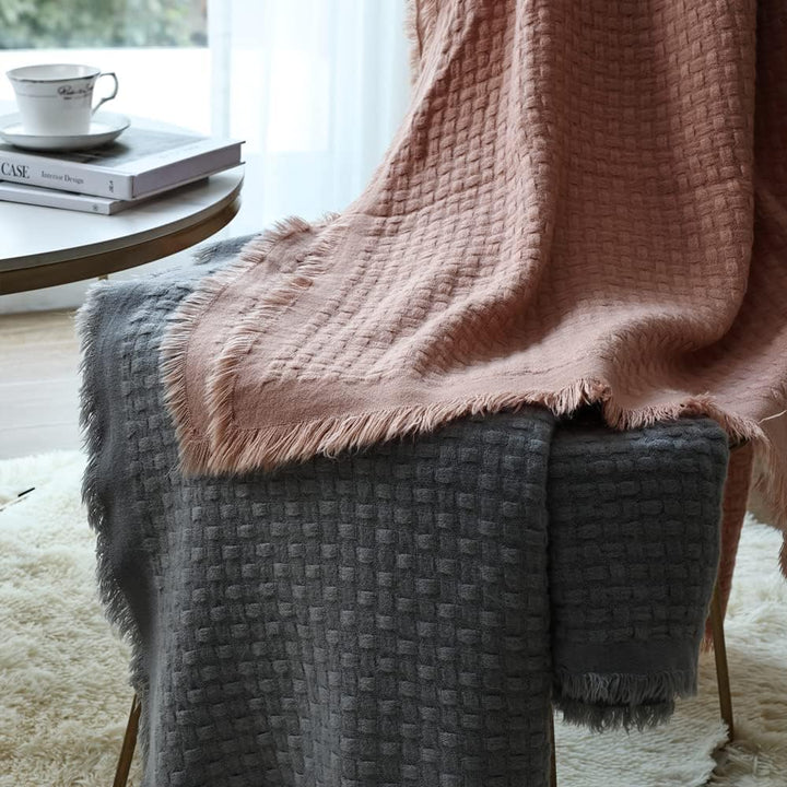 Farmhouse Waffle Knit Throw Blanket for Couch Sofa Chair Bed Home Decoration, Soft Warm Cozy Light Weight for Spring Summer Fall (127cmX152cm Coral Pink) - Just Closeouts Canada Inc.